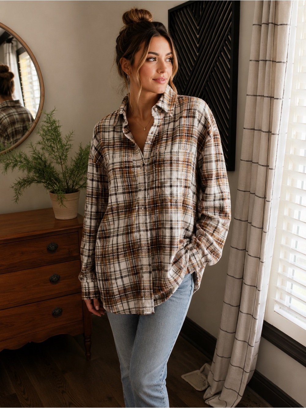 Listicle Plaid Shirt in Cream, Brown and Black Size Medium
